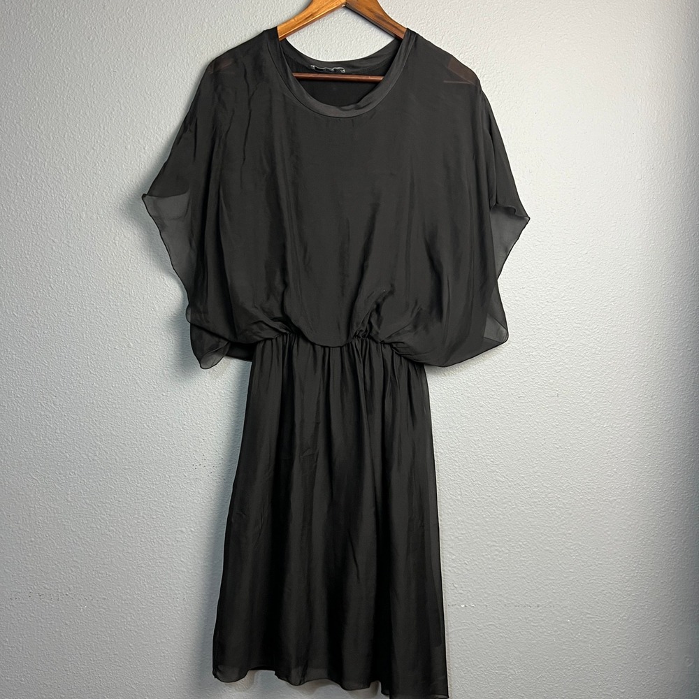 Baci Black 100% Silk Dress XS‎ Sheer Overlay Sleeves Flowy Elegant Fairy Gothic